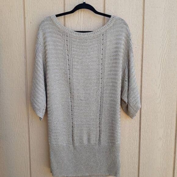 WHBM Metallic Tunic Textured Cable Knit Scoop Kimono Batwing Sweater Gold Sz L - Picture 9 of 13